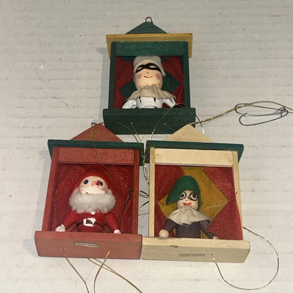 Vintage Wooden Christmas Puppet Marionette Ornament Santa Lot Of 3